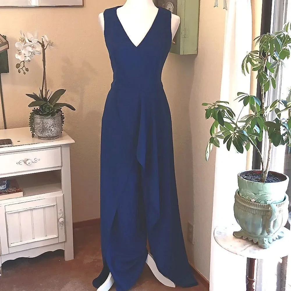 MARINA Dark Blue Ruffle Formal Wide Leg  Jumpsuit - Picture 2 of 13